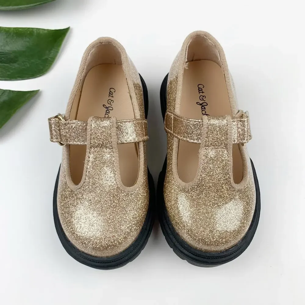 Cat & Jack Wende T-Strap Mary Jane Shoes Sparkly Gold Glitter Toddler Girls 5
